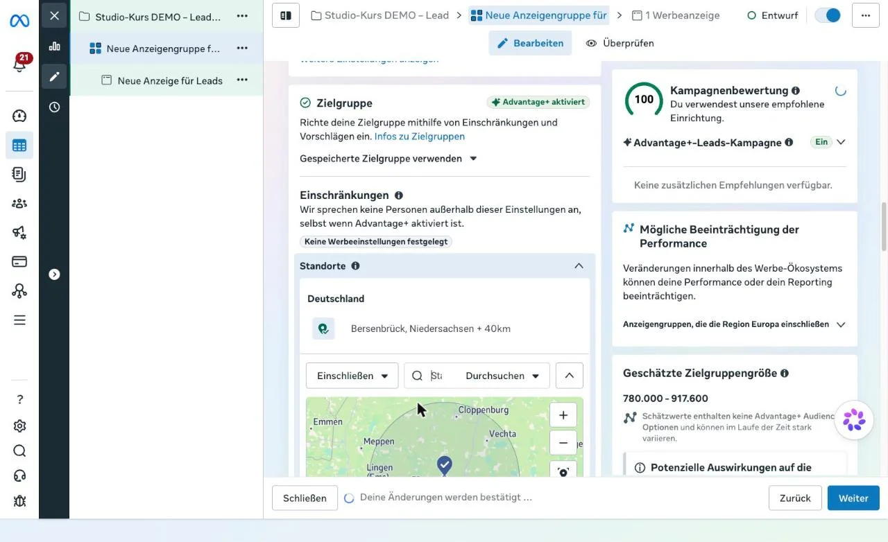 Werbeanzeigenmanager: Standort Bersenbrück mit 40 km Radius